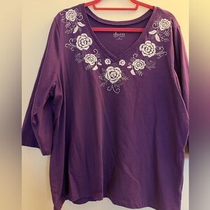 Denim & Co Purple Embroidered V Neck Cotton Top